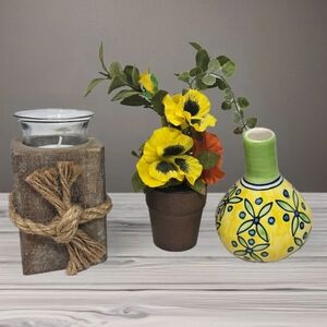 Trio Of Table Art Wood Candle Holder Pottery Vase Pansies In A Pot Home Decor